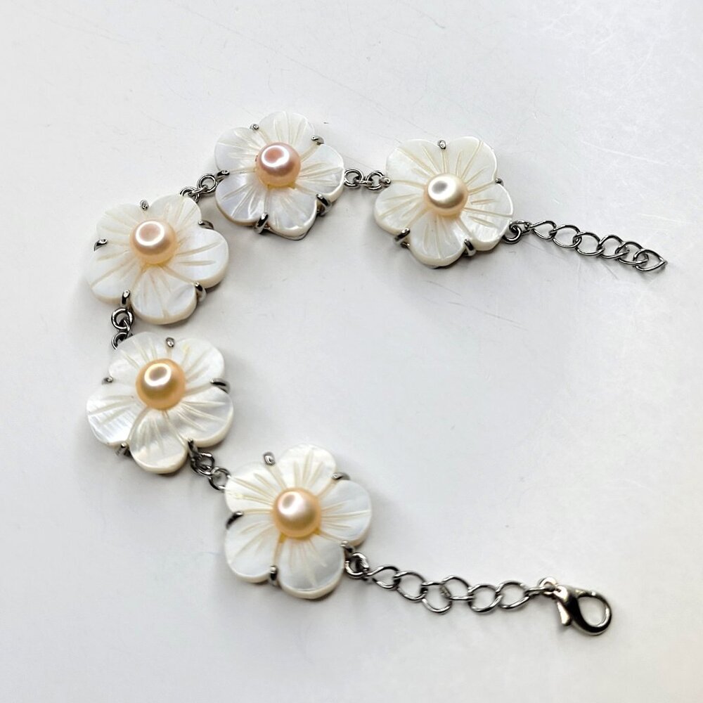 Genuine Pearl Bracelet with Mother of Pearl Petals and Peach Pearl Bracelet